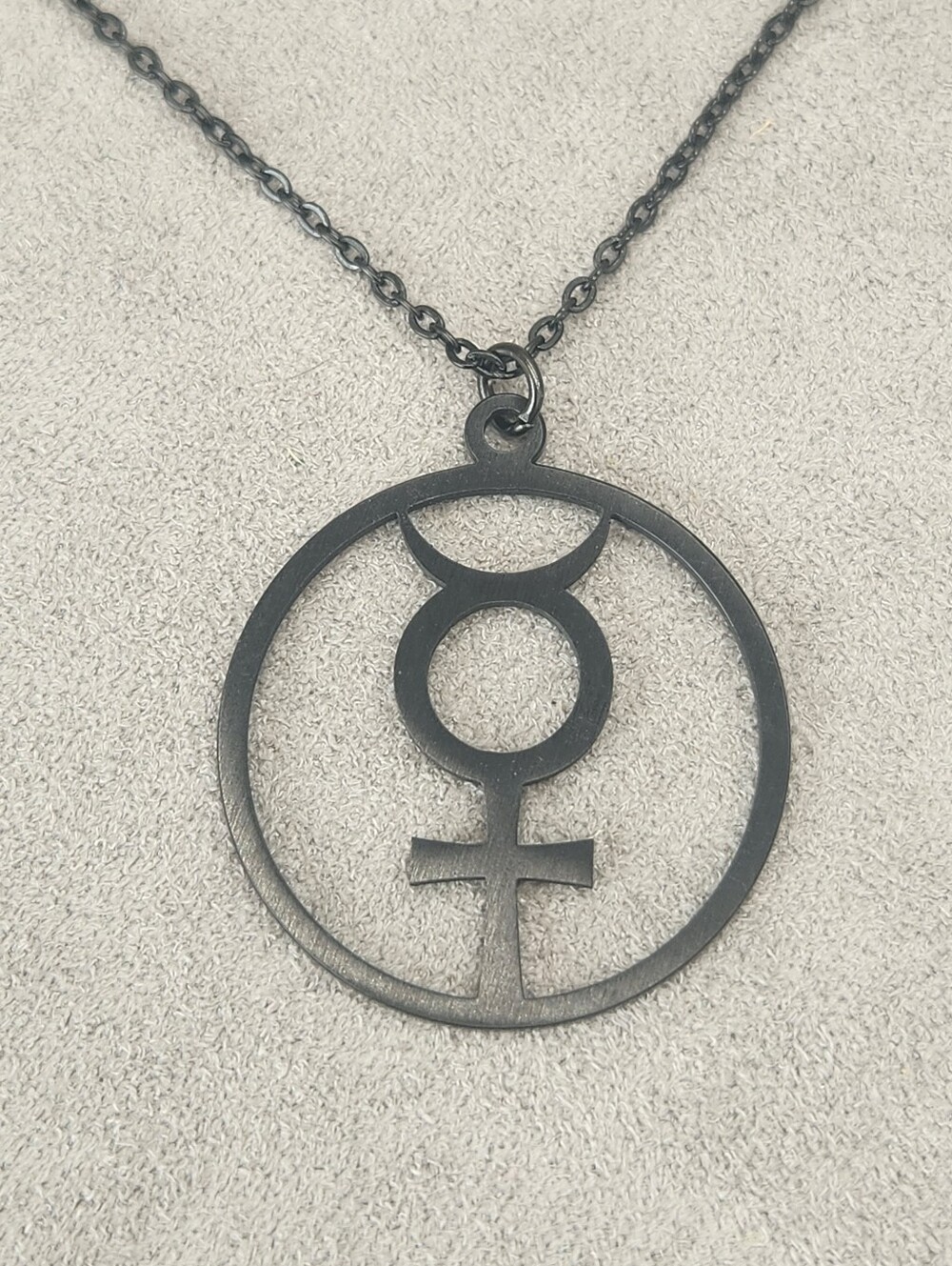 Mercury Alchemical Symbol Necklace Men's Black Chain Stainless Steel Goth Punk